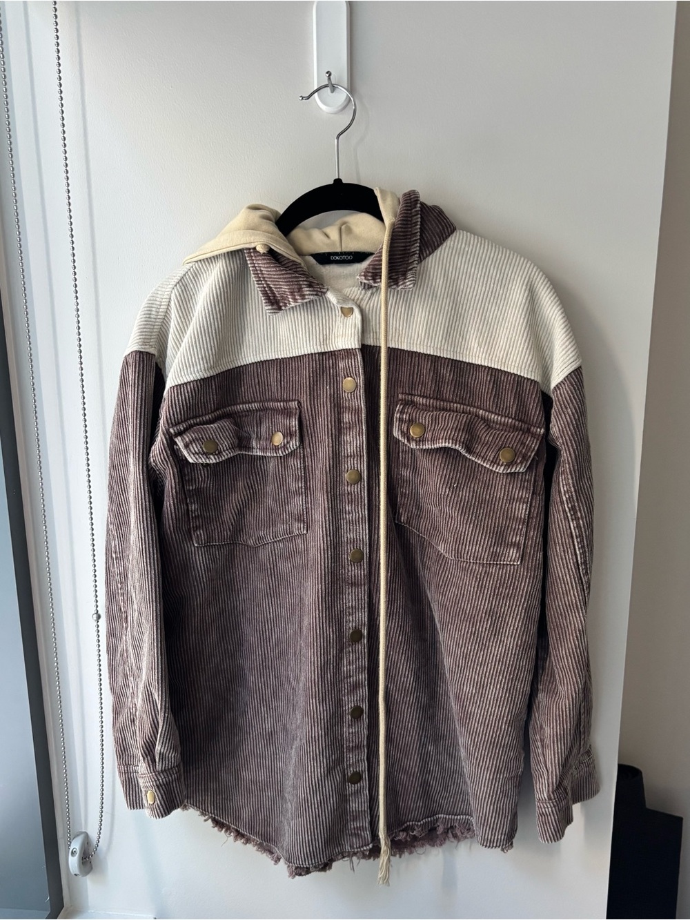 Corduroy Two-Tone Button-Up Shacket in Brown and Cream